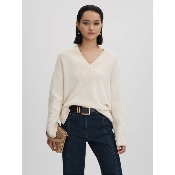 REISS SEREN OVERSIZED WOOL CASHMERE V-NECK JUMPER IN IVORY SIZE LARGE - Picture 1 of 11